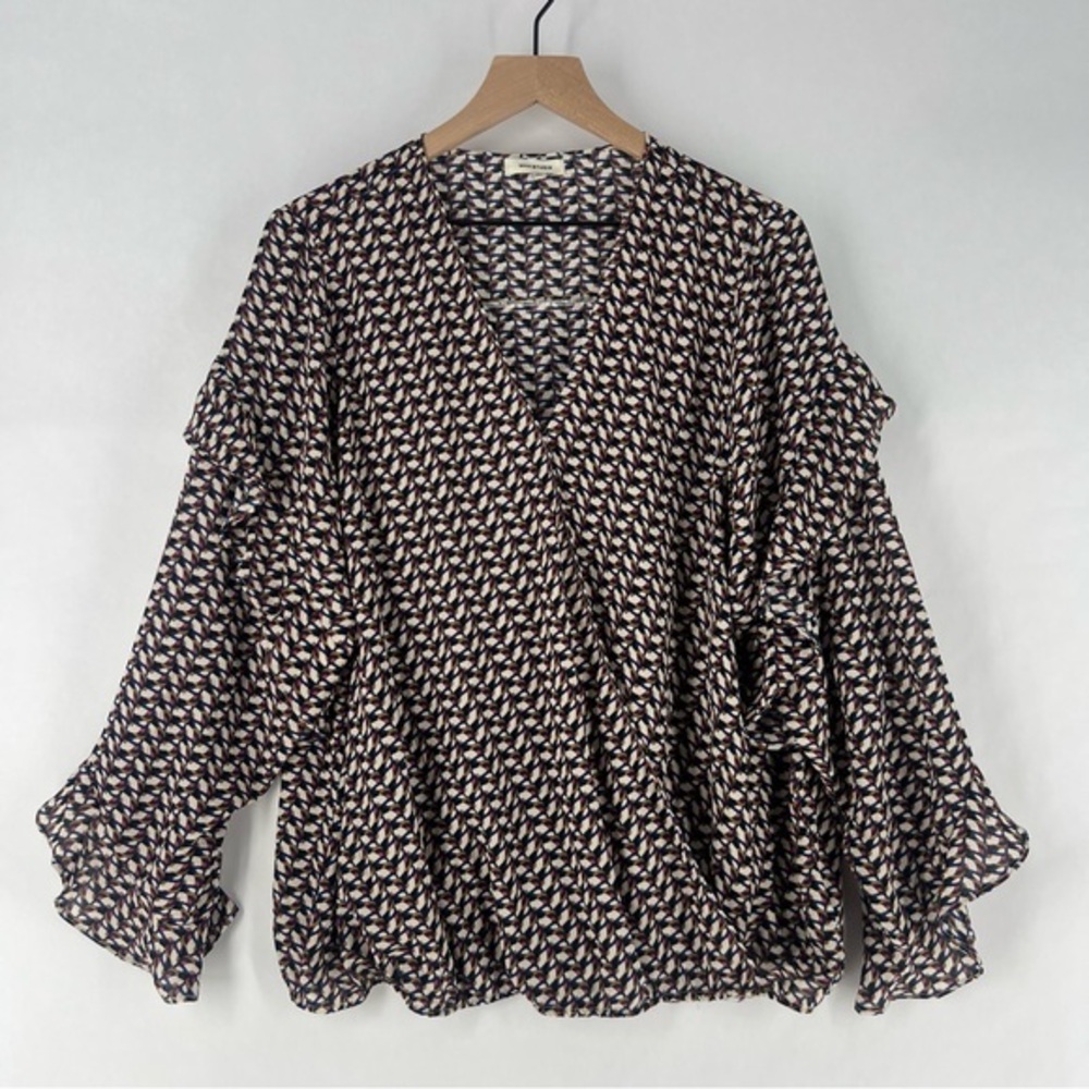 Max Studio Chiffon Multicolor Geometric Print Faux Wrap VNeck Ruffle Trim Blouse